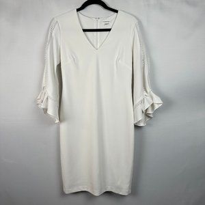 Calvin Klein White V-Neck Bell Sleeve Dress, Size 6